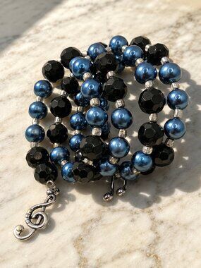 Navy Pearl & Black Crystal Memory Wire Bracelet — Music Charm